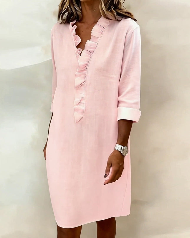 Rosalie | Women's Ruffle V-Neck Midi Dress with 3/4 Sleeves
