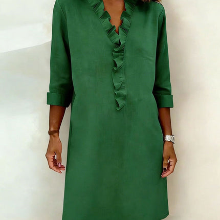 Rosalie | Women's Ruffle V-Neck Midi Dress with 3/4 Sleeves