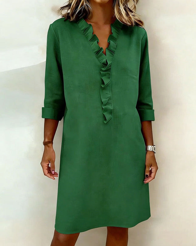 Rosalie | Women's Ruffle V-Neck Midi Dress with 3/4 Sleeves