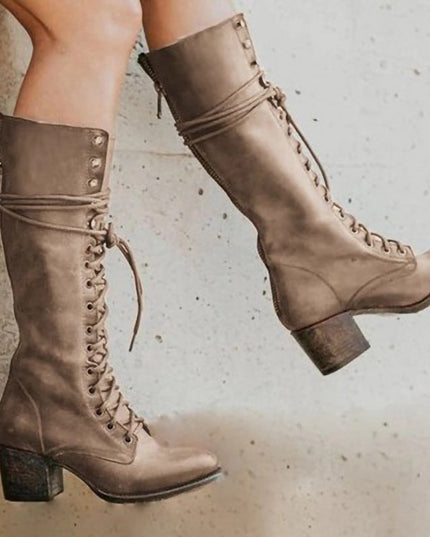 Amelia | Women’s Lace-Up Knee-High Boots with Block Heel