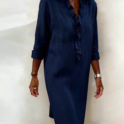 Rosalie | Women's Ruffle V-Neck Midi Dress with 3/4 Sleeves