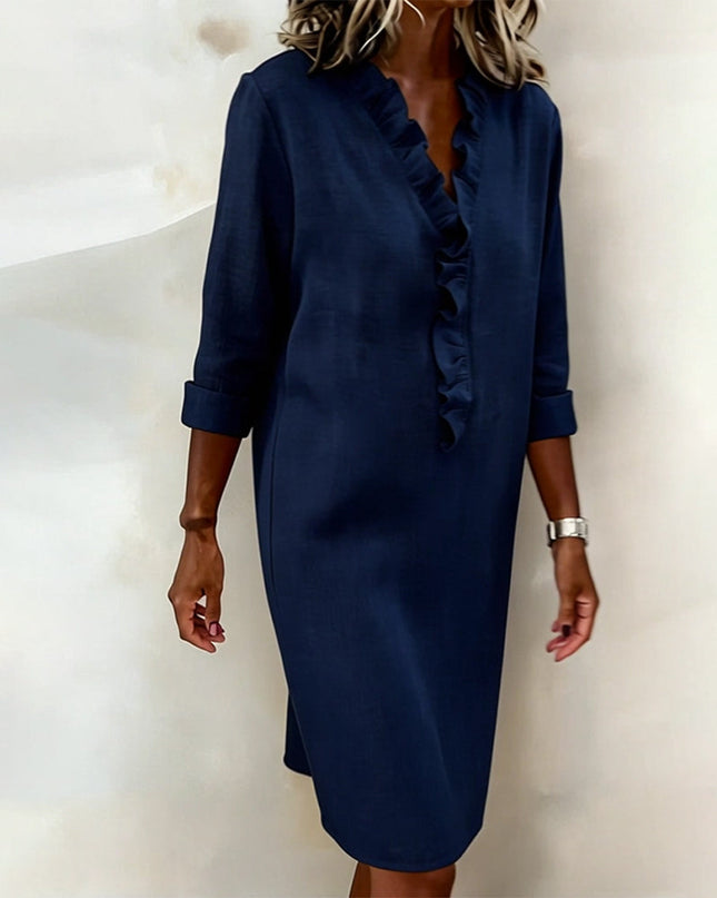 Rosalie | Women's Ruffle V-Neck Midi Dress with 3/4 Sleeves