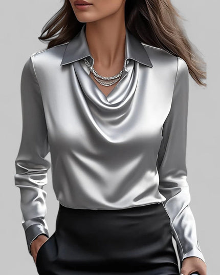 Rose | Women’s Draped Neck Long Sleeve Satin Blouses