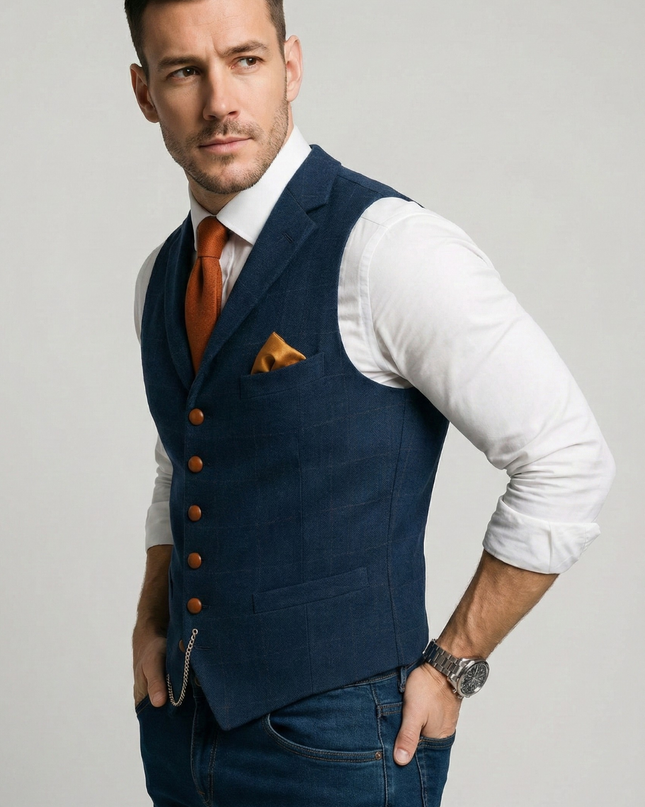 Tweed Waistcoat for Men – Checked Vest with Notch Detail