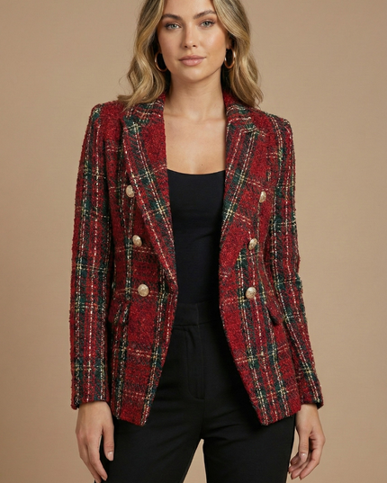 Women’s Tweed Check Double-Breasted Blazer – Vintage Fit, Gold Buttons