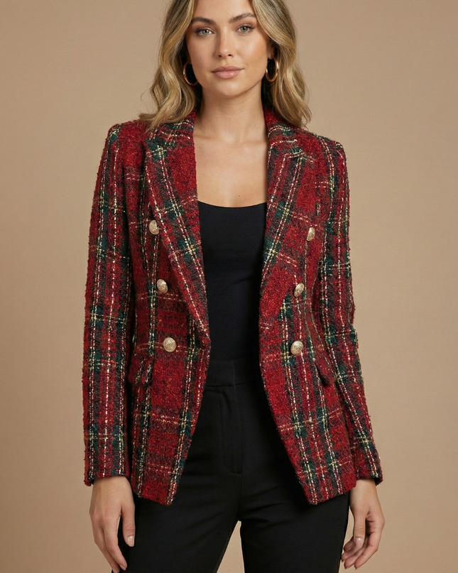 Women’s Tweed Check Double-Breasted Blazer – Vintage Fit, Gold Buttons