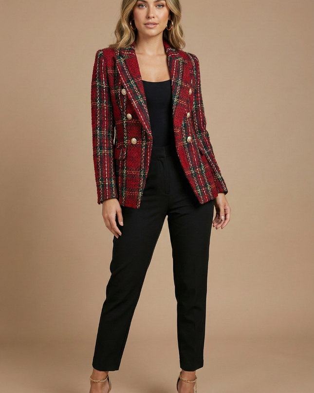 Women’s Tweed Check Double-Breasted Blazer – Vintage Fit, Gold Buttons