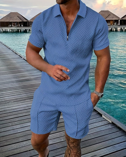 Casual and Stylish Geometric Polo Shirt and Shorts Set for Men