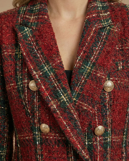 Women’s Tweed Check Double-Breasted Blazer – Vintage Fit, Gold Buttons
