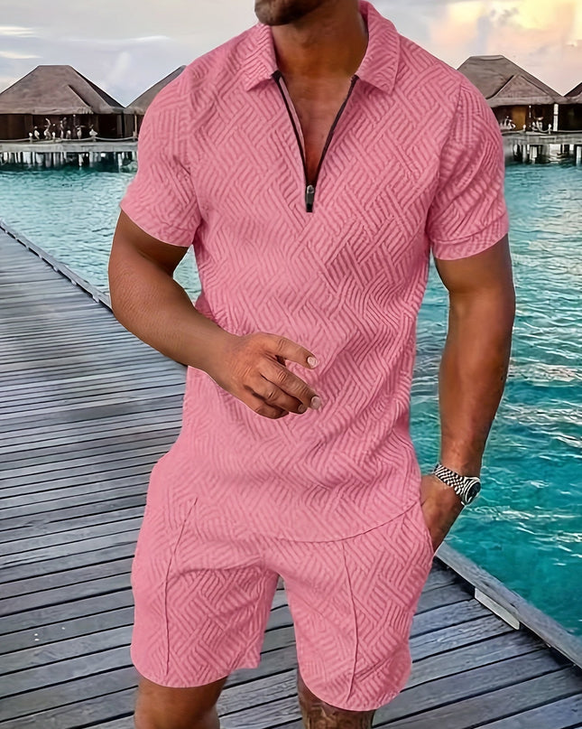 Casual and Stylish Geometric Polo Shirt and Shorts Set for Men
