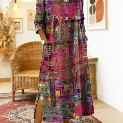 Kaia | Women's Bohemian Abstract Print Maxi Dress with 3/4 Sleeves