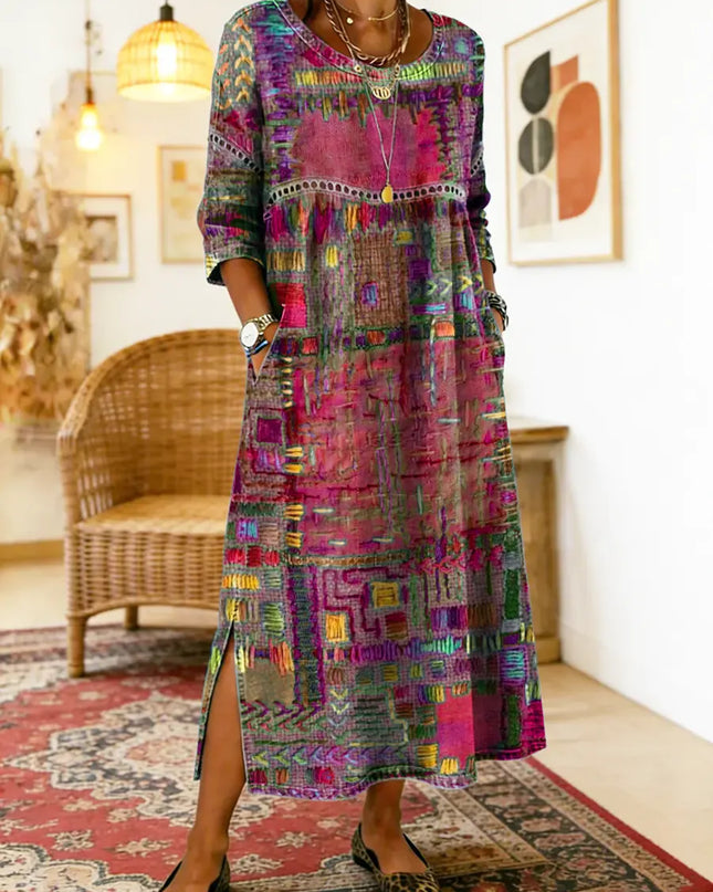 Kaia | Women's Bohemian Abstract Print Maxi Dress with 3/4 Sleeves