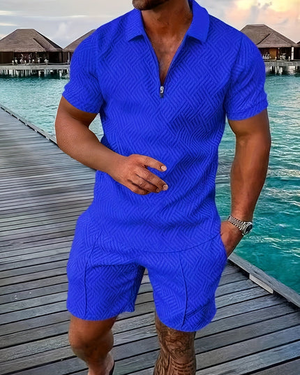Casual and Stylish Geometric Polo Shirt and Shorts Set for Men