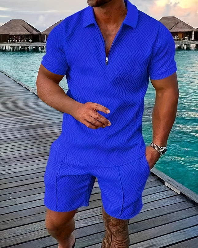 Casual and Stylish Geometric Polo Shirt and Shorts Set for Men