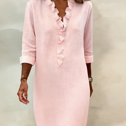 Rosalie | Women's Ruffle V-Neck Midi Dress with 3/4 Sleeves