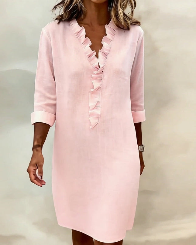 Rosalie | Women's Ruffle V-Neck Midi Dress with 3/4 Sleeves