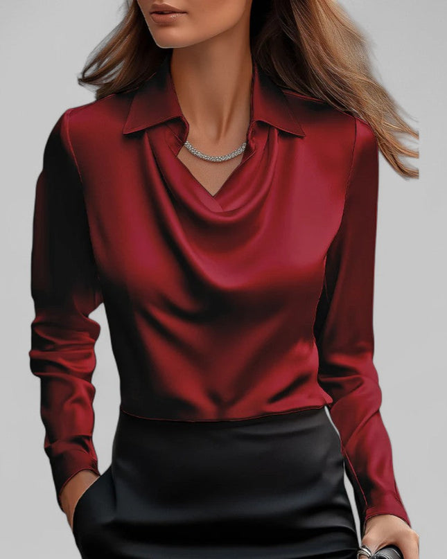 Rose | Women’s Draped Neck Long Sleeve Satin Blouses