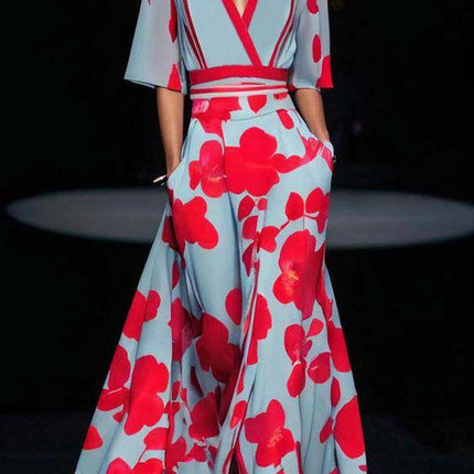 Mirella | Women's Floral Wide Leg Jumpsuit with V-Neck and Wrap Waist