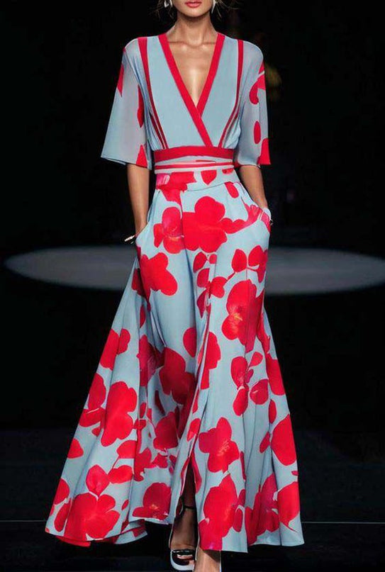 Mirella | Women's Floral Wide Leg Jumpsuit with V-Neck and Wrap Waist
