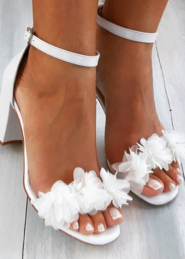 Odelia - Floral Strap Heels White Satin and Mesh Wedding Heels