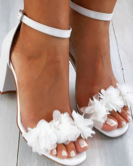 Odelia - Floral Strap Heels White Satin and Mesh Wedding Heels