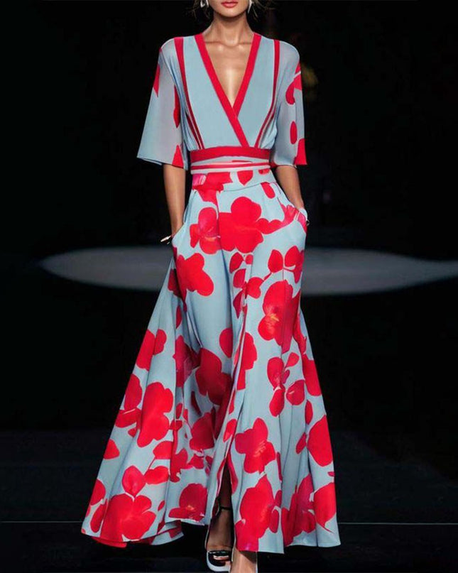 Mirella | Women's Floral Wide Leg Jumpsuit with V-Neck and Wrap Waist