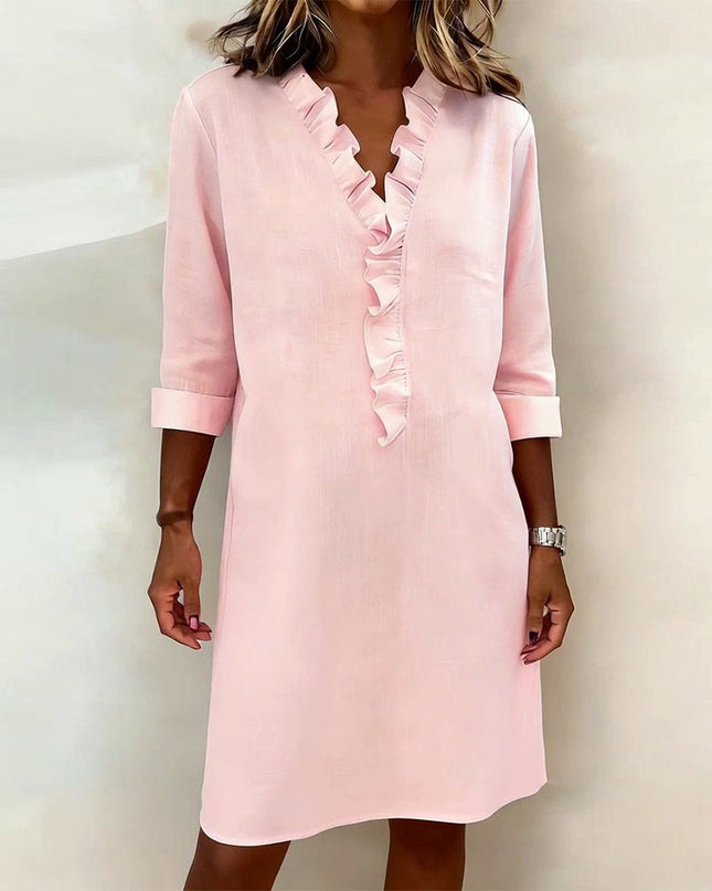 Rosalie | Women's Ruffle V-Neck Midi Dress with 3/4 Sleeves