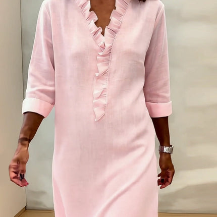 Rosalie | Women's Ruffle V-Neck Midi Dress with 3/4 Sleeves