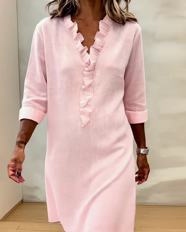 Rosalie | Women's Ruffle V-Neck Midi Dress with 3/4 Sleeves