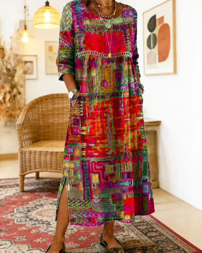 Kaia | Women's Bohemian Abstract Print Maxi Dress with 3/4 Sleeves