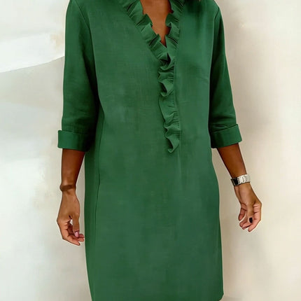 Rosalie | Women's Ruffle V-Neck Midi Dress with 3/4 Sleeves