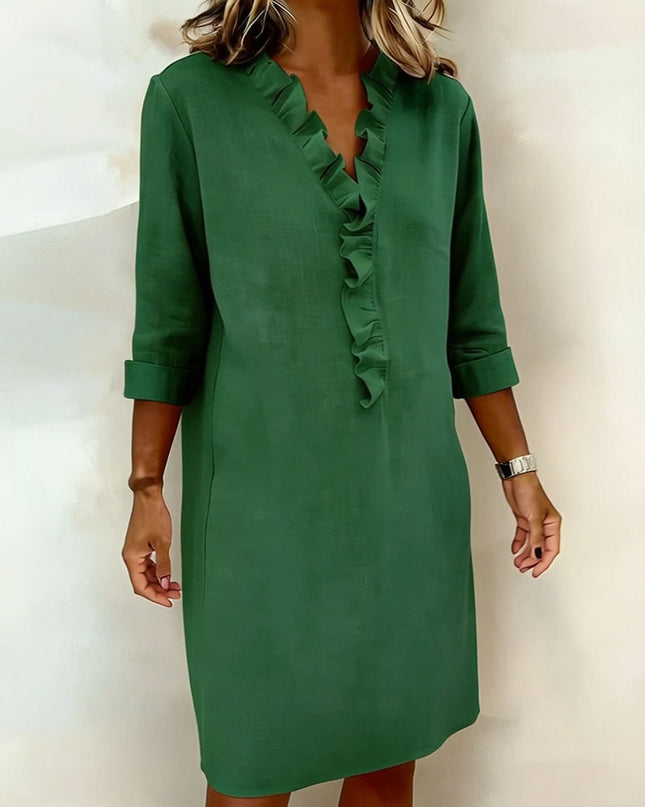 Rosalie | Women's Ruffle V-Neck Midi Dress with 3/4 Sleeves