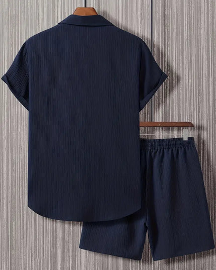 Navy Blue Button-Up Shirt and Shorts Set for Men