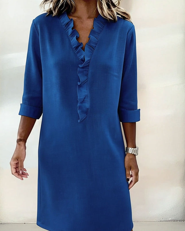 Rosalie | Women's Ruffle V-Neck Midi Dress with 3/4 Sleeves