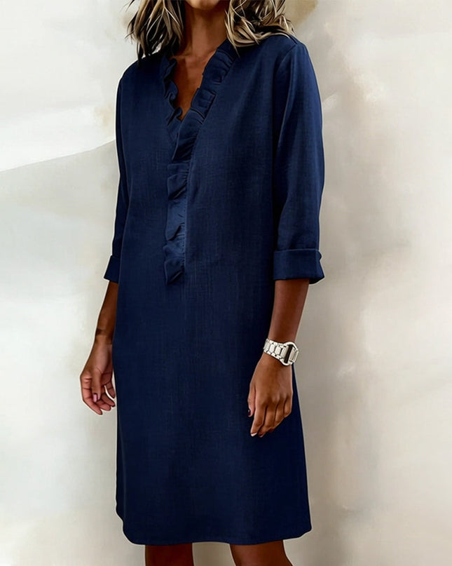 Rosalie | Women's Ruffle V-Neck Midi Dress with 3/4 Sleeves
