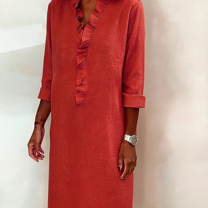 Rosalie | Women's Ruffle V-Neck Midi Dress with 3/4 Sleeves