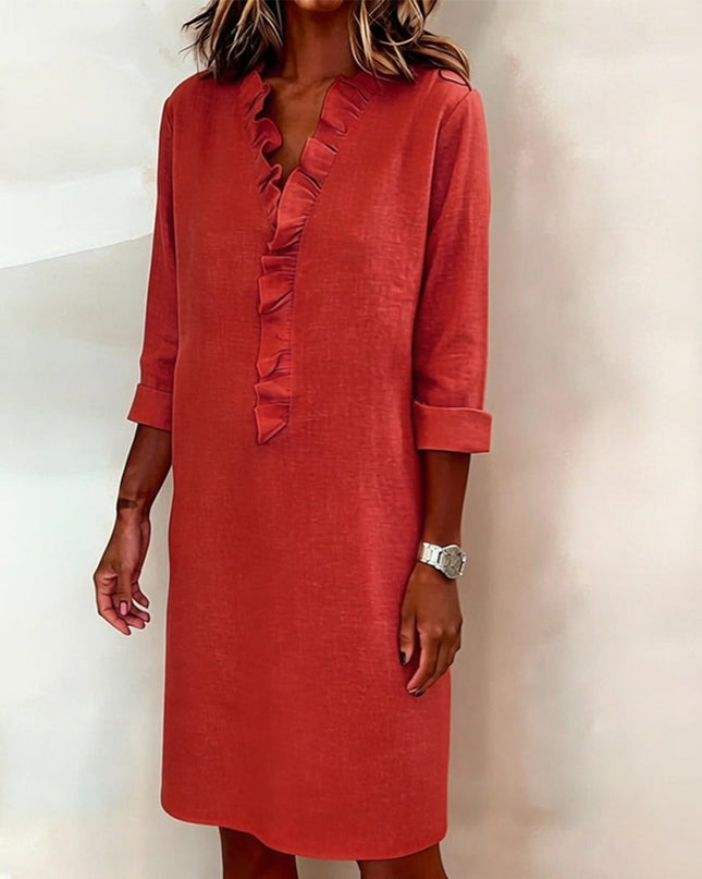 Rosalie | Women's Ruffle V-Neck Midi Dress with 3/4 Sleeves