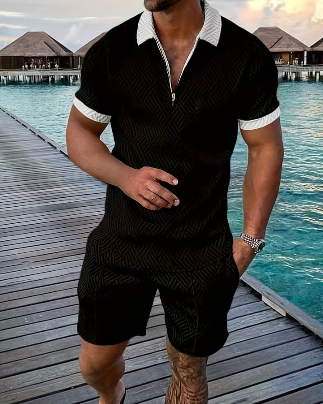 Casual and Stylish Geometric Polo Shirt and Shorts Set for Men