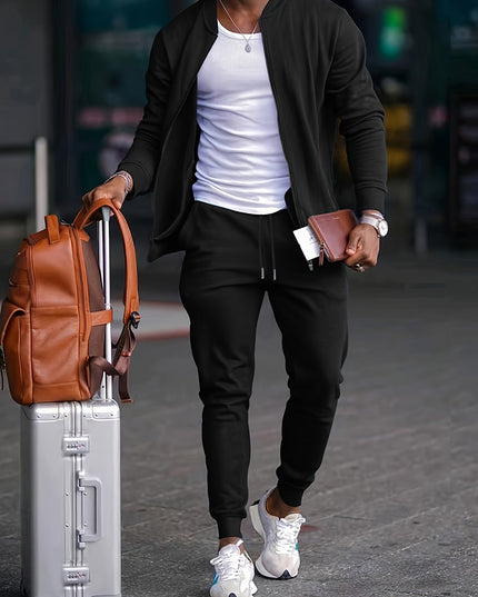 Men's Sporty Tracksuit Set - Full-Zip Jacket and Drawstring Trousers