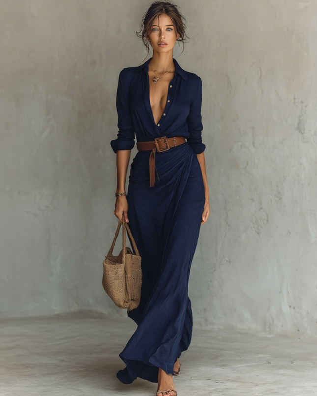 Sahara | Women's Elegant Shirt Maxi Dress with Draped Waist