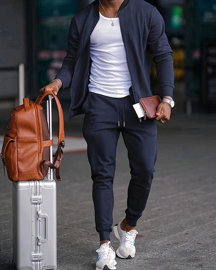Men's Sporty Tracksuit Set - Full-Zip Jacket and Drawstring Trousers