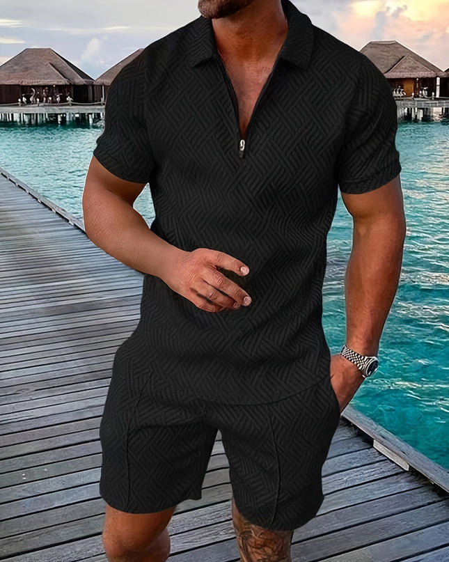 Casual and Stylish Geometric Polo Shirt and Shorts Set for Men