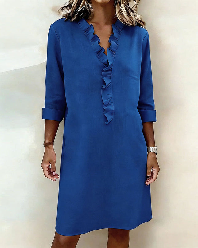 Rosalie | Women's Ruffle V-Neck Midi Dress with 3/4 Sleeves