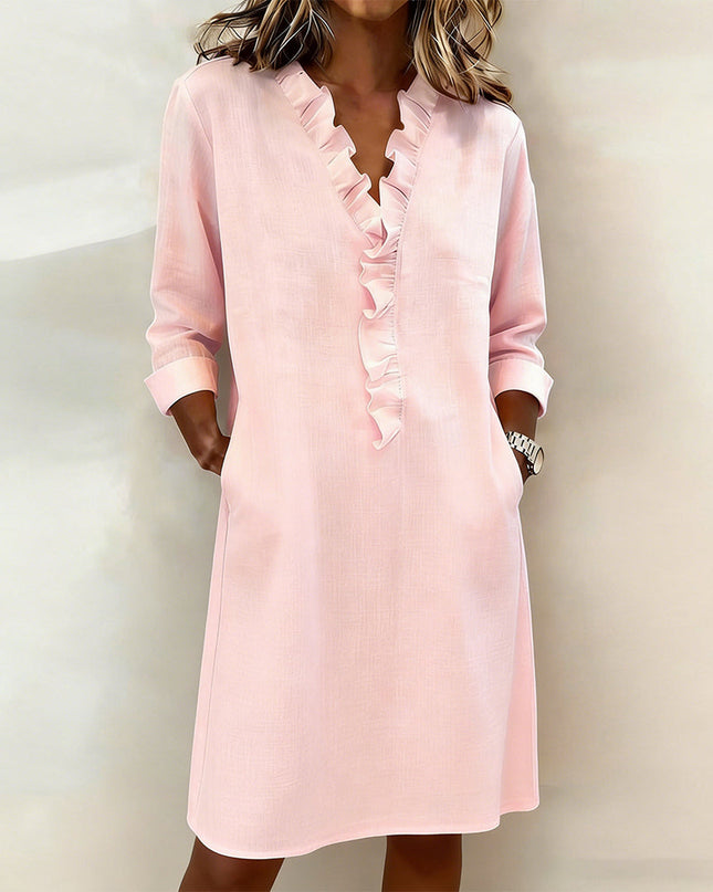 Rosalie | Women's Ruffle V-Neck Midi Dress with 3/4 Sleeves