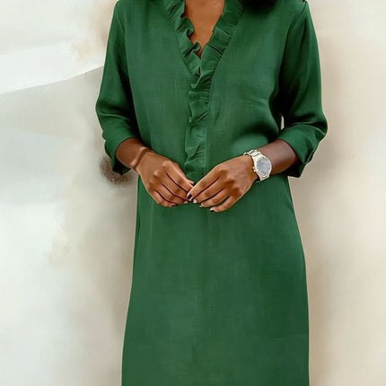 Rosalie | Women's Ruffle V-Neck Midi Dress with 3/4 Sleeves