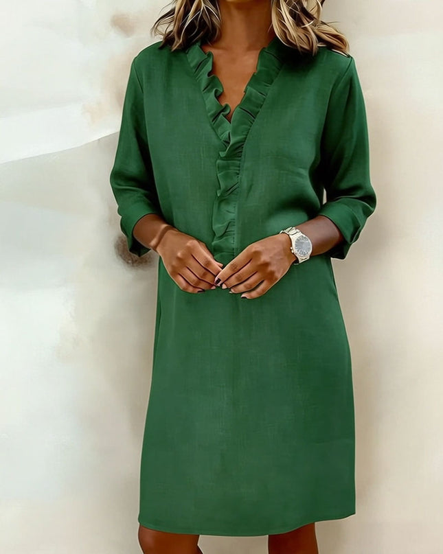 Rosalie | Women's Ruffle V-Neck Midi Dress with 3/4 Sleeves