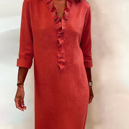 Rosalie | Women's Ruffle V-Neck Midi Dress with 3/4 Sleeves