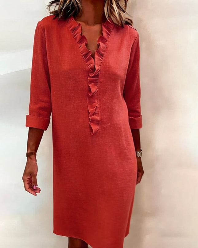 Rosalie | Women's Ruffle V-Neck Midi Dress with 3/4 Sleeves