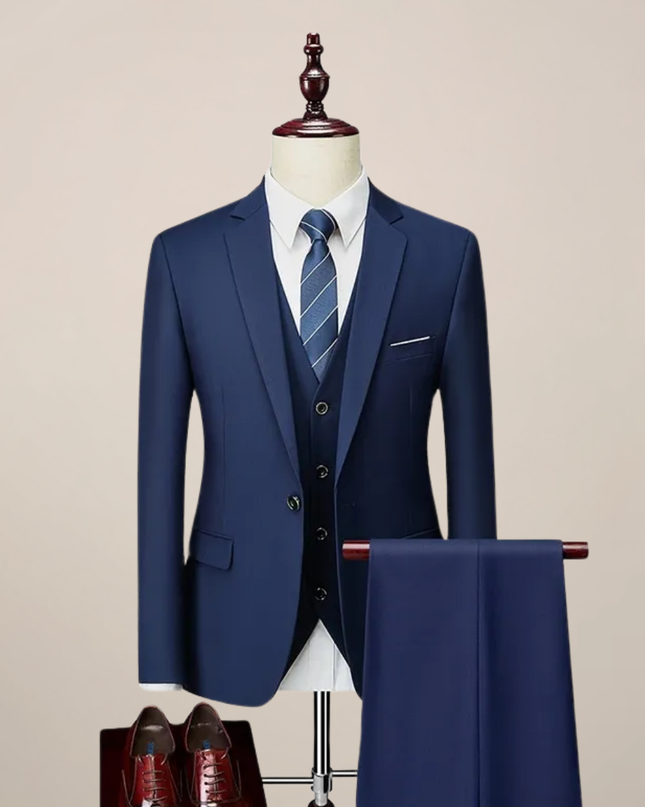 Men’s Slim Fit Three-Piece Suit – Tailored Navy Ensemble for Weddings & Formal Occasions