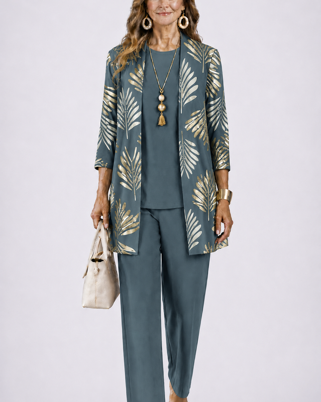 Celeste | Women's Elegant 3-Piece Set with Gold Leaf Print Longline Jacket, Top and Wide Leg Pants
